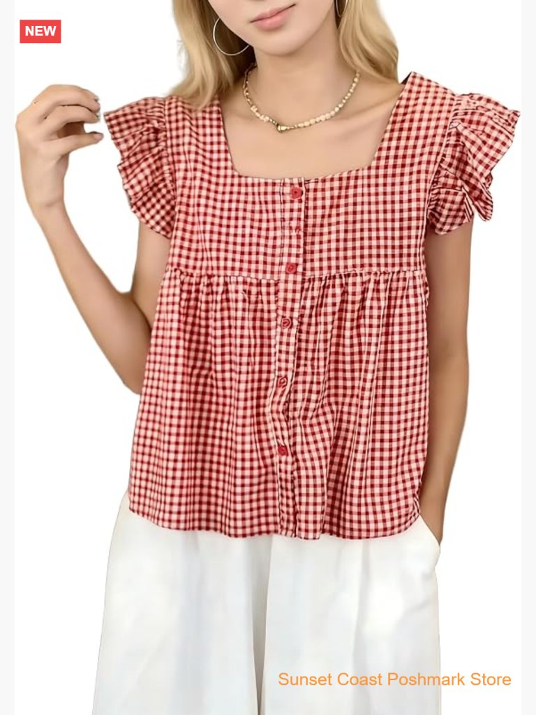 Y2k Gingham Peplum Tank Top Ruffle Sleeve Button Front Square Neck Babydoll